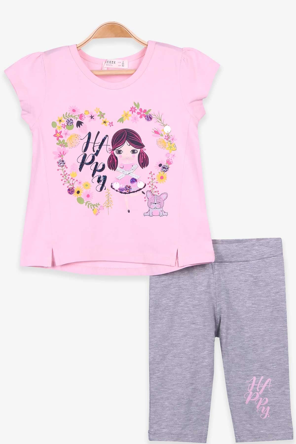Breeze Kız Bebek Kapri Taytlı Takım Baskılı Pullu Pudra (2-6 Yaş)