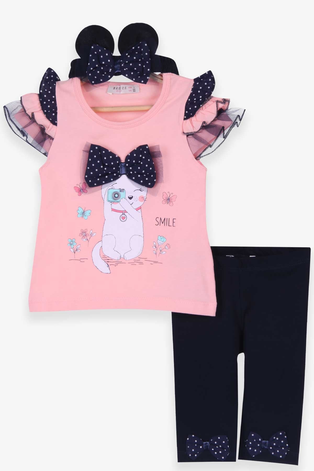 Breeze Kız Bebek Kapri Taytlı Takım Kulaklı Bandanalı Somon (6 Ay-2 Yaş)