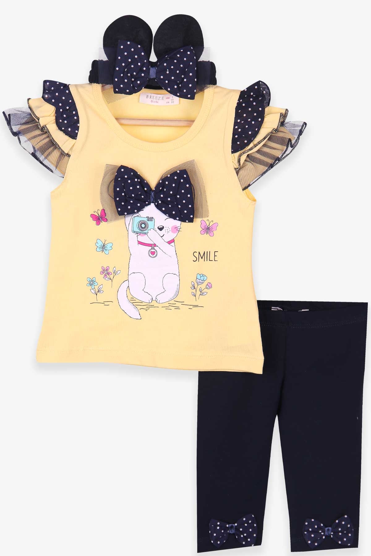Breeze Kız Bebek Kapri Taytlı Takım Kulaklı Bandanalı Sarı (6 Ay-2 Yaş)