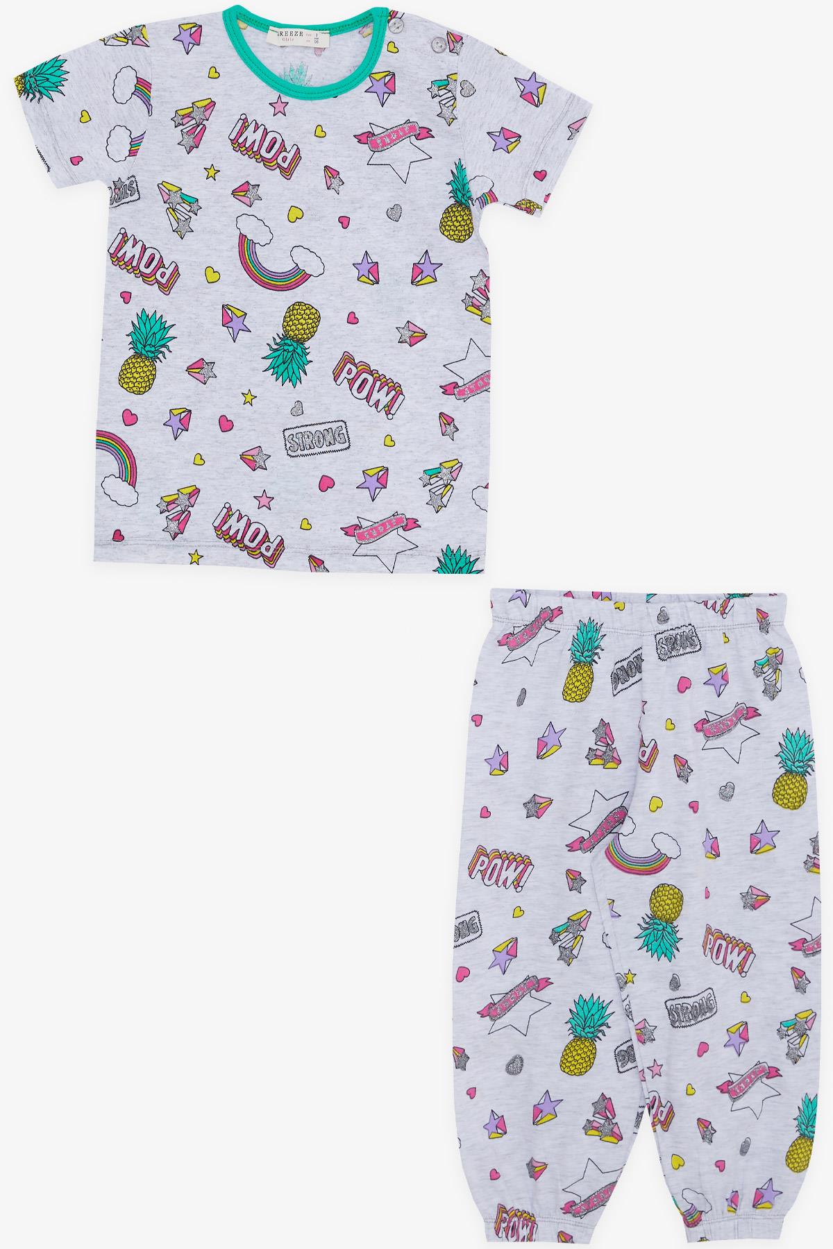Breeze Kız Bebek Kısa Kollu Pijama Takımı Gökyüzü Temalı Ananas Desenli Açık Gri Melanj (9 Ay-3 Yaş)