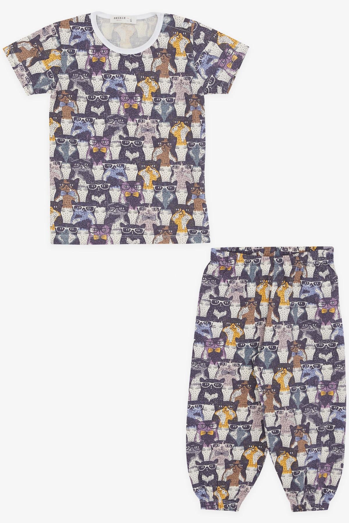 Breeze Kız Bebek Kısa Kollu Pijama Takımı Gözlüklü Kedicik Desenli Karışık Renk (9 Ay-3 Yaş)