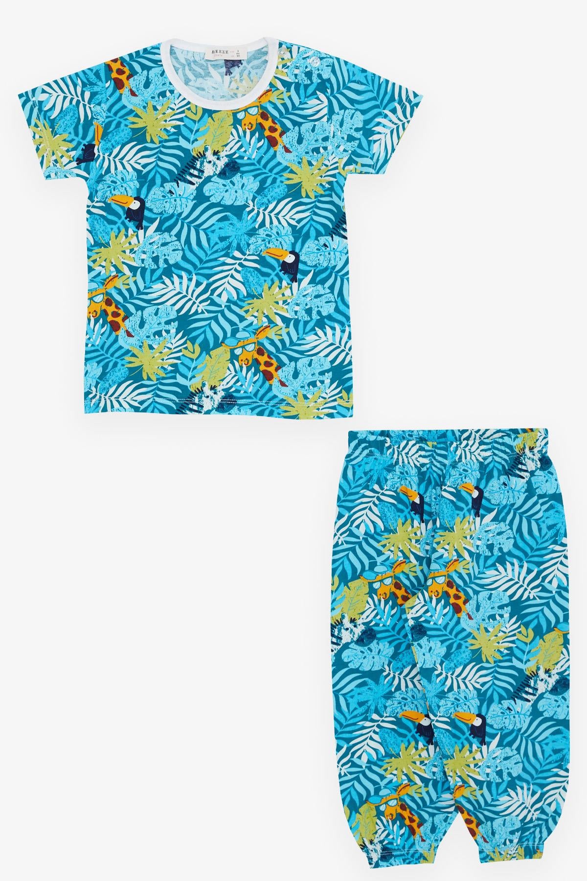Breeze Kız Bebek Kısa Kollu Pijama Takımı Safari Temalı Turkuaz (9 Ay-3 Yaş)