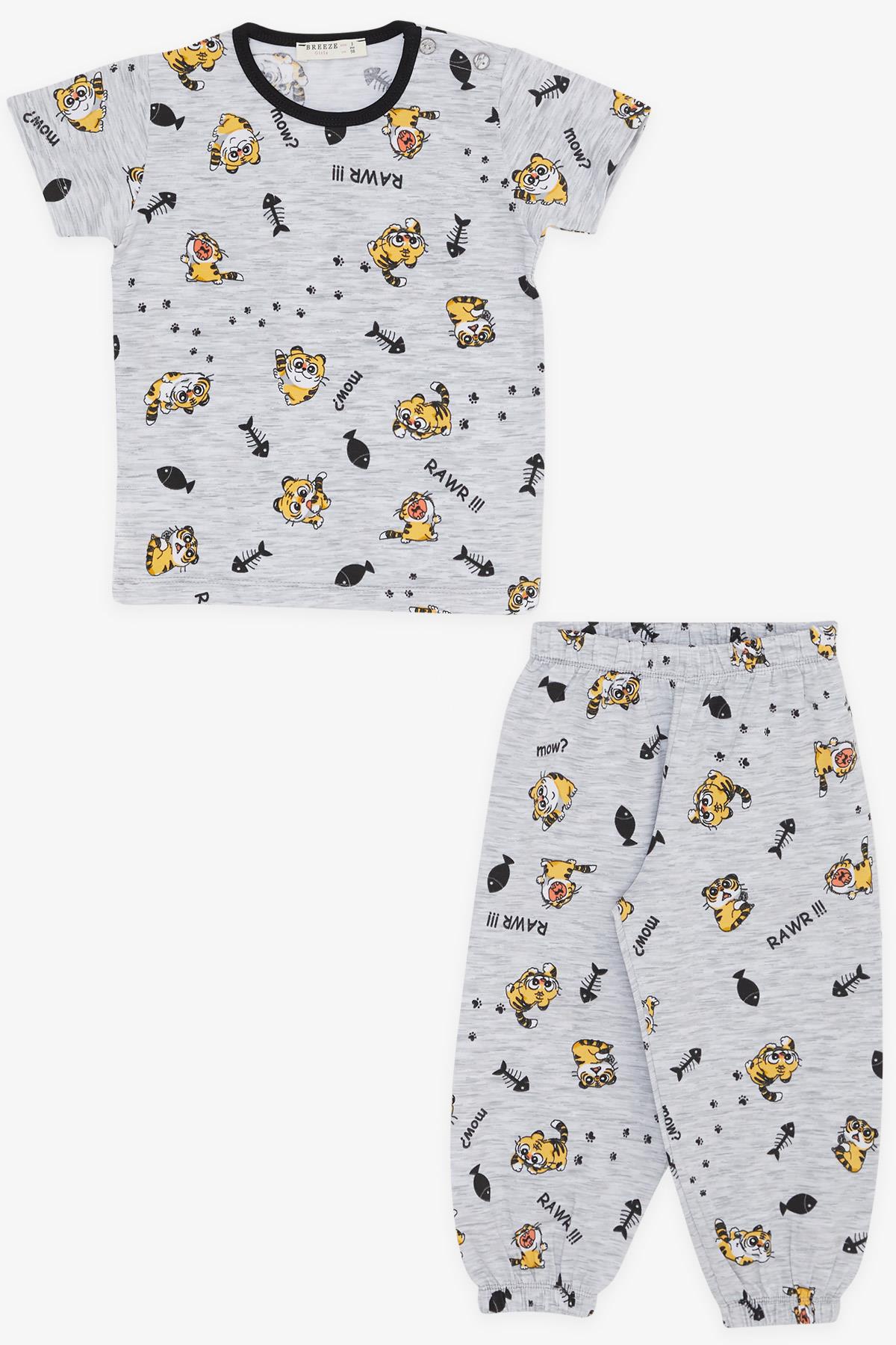 Breeze Kız Bebek Kısa Kollu Pijama Takımı Balık Avcısı Kedicik Desenli Gri Melanj (9 Ay-3 Yaş)