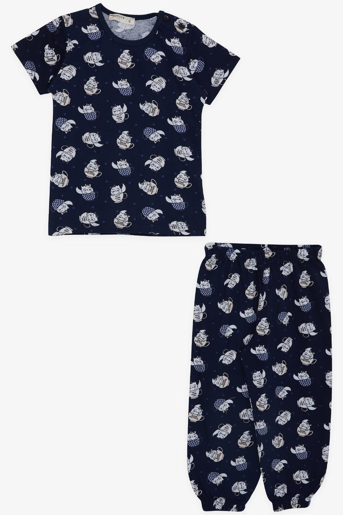 Breeze Kız Bebek Kısa Kollu Pijama Takımı Sevimli Kedicik Desenli Lacivert (9 Ay-3 Yaş)