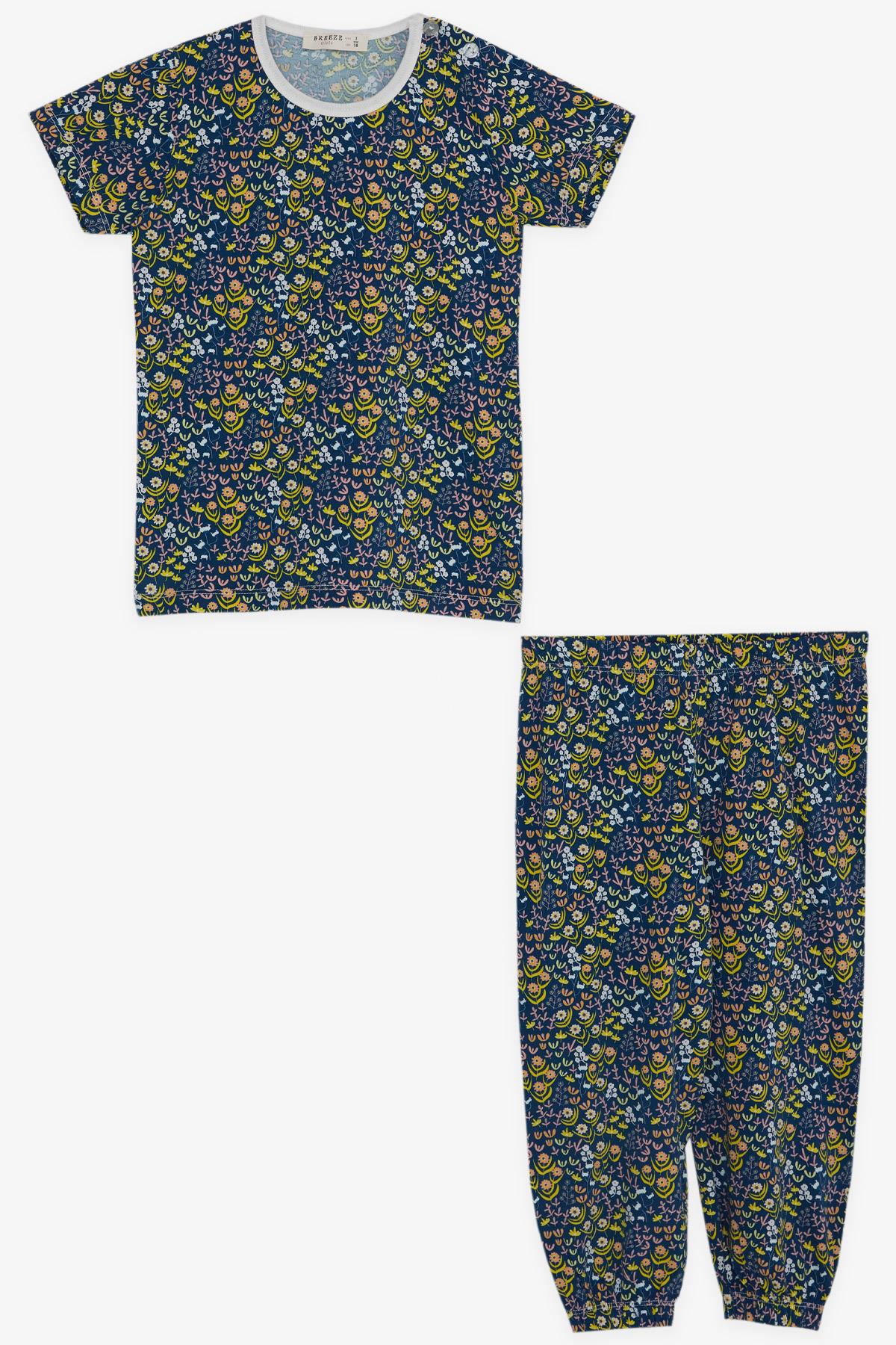Breeze Kız Bebek Kısa Kollu Pijama Takımı Çiçek Desenli Lacivert (9 Ay-3 Yaş)