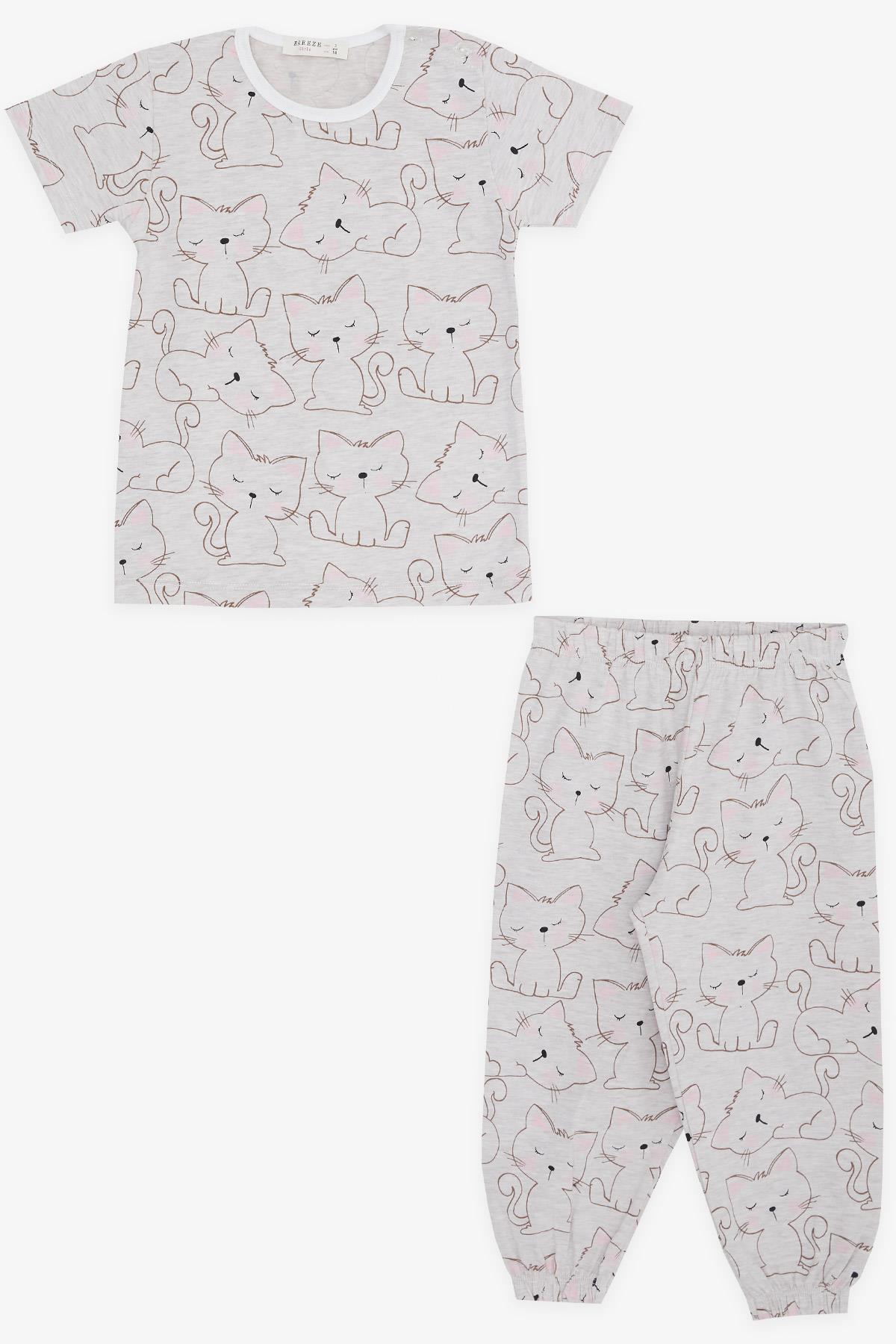 Breeze Kız Bebek Kısa Kollu Pijama Takımı Uykucu Kedicik Desenli Bej Melanj (9 Ay-3 Yaş)