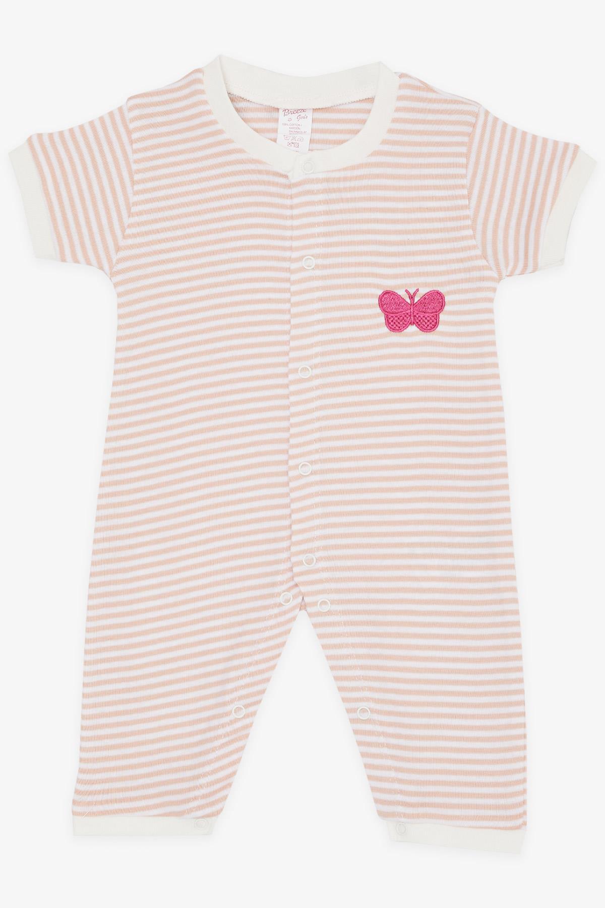 Breeze Kız Bebek Kısa Kollu Tulum Çizgili Kelebek Nakışlı Somon (0-3 Ay-6 Ay)
