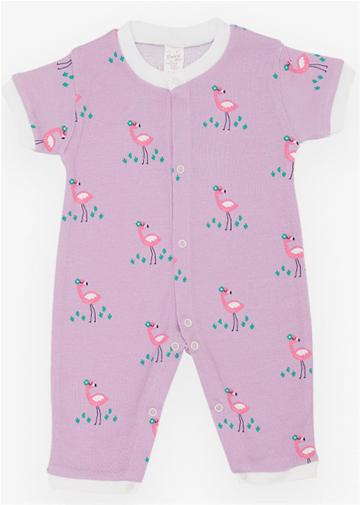 Breeze Kız Bebek Kısa Kollu Tulum Sevimli Flamingo Desenli Lila (0-6 Ay)