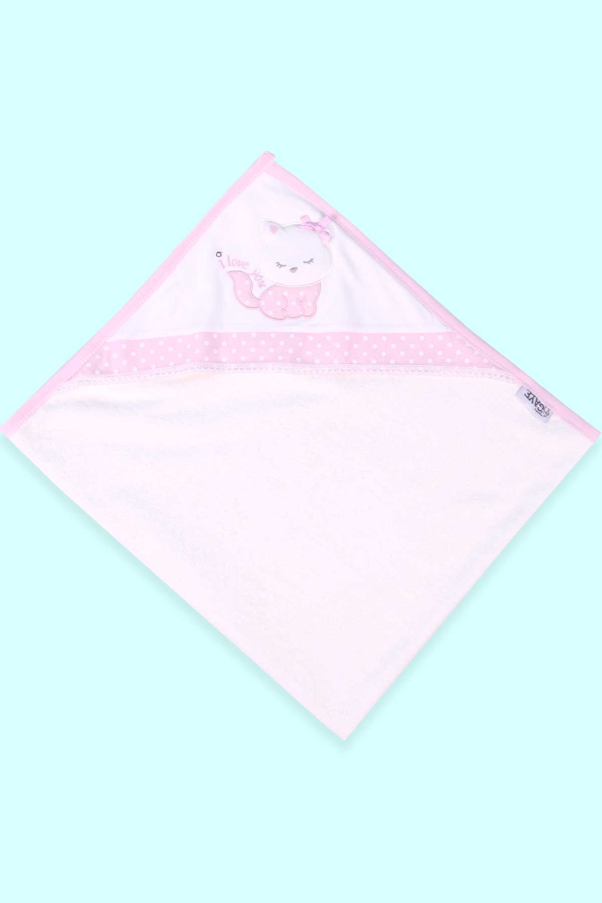 Breeze Kız Bebek Kurulama Banyo Havlusu Kedili Fiyonklu Pudra