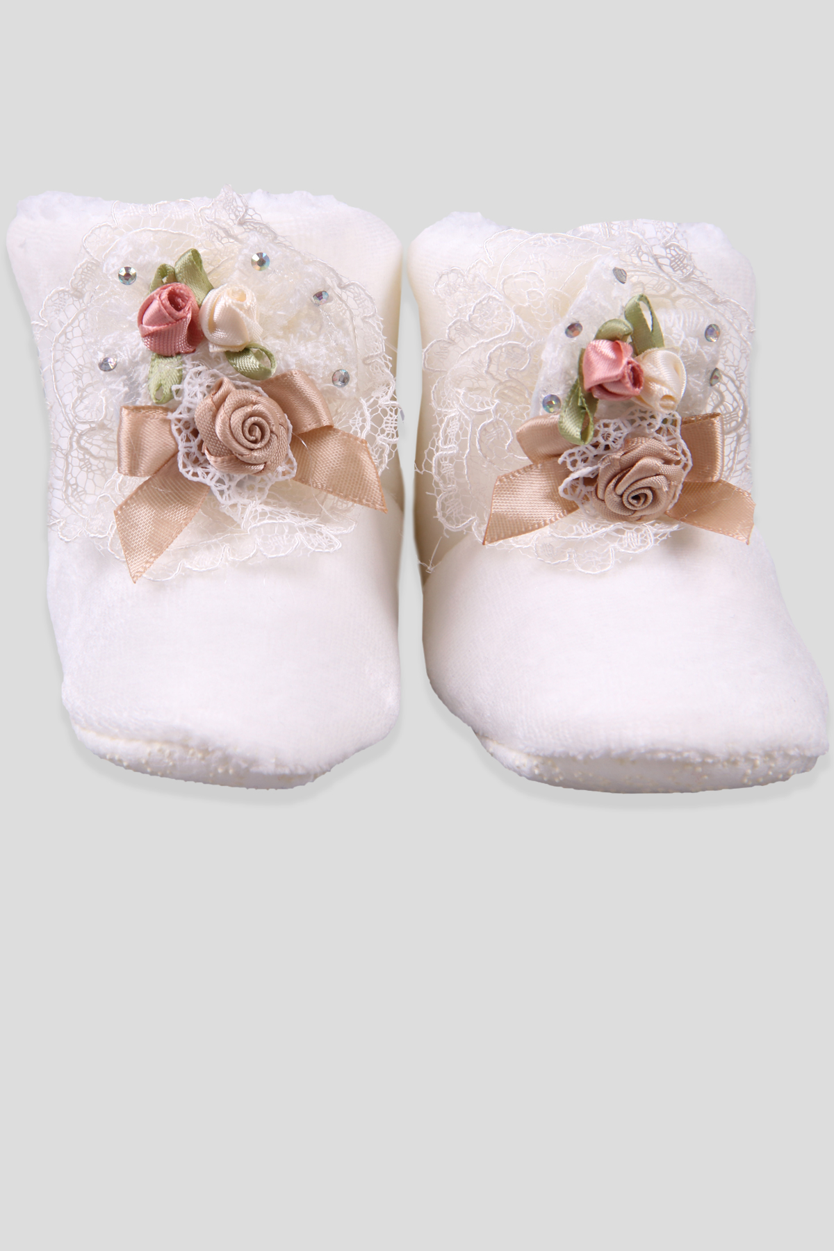 Breeze Kız Bebek Panduf Çiçekli Fiyonklu Bej (Standart)