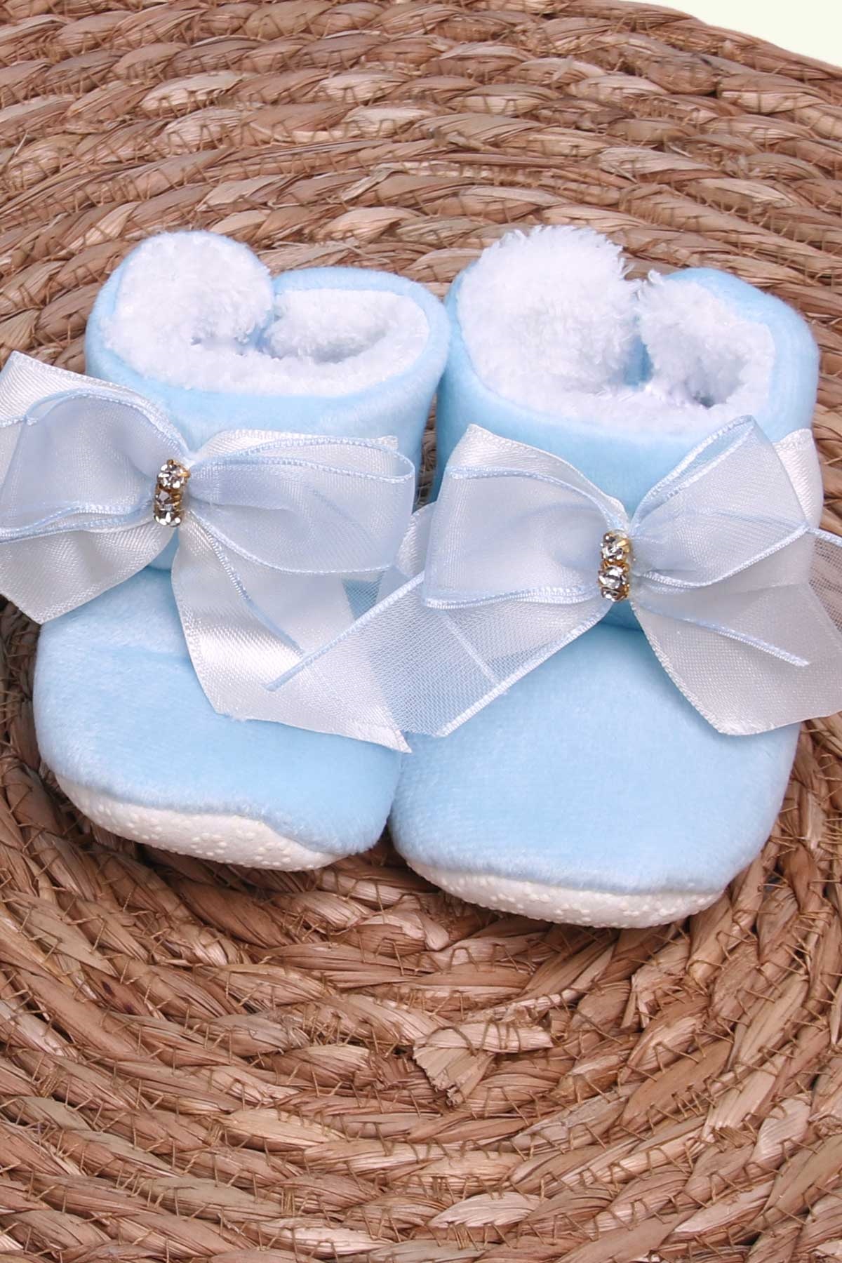Breeze Kız Bebek Panduf Fiyonklu Sıra Taşlı Açık Mavi