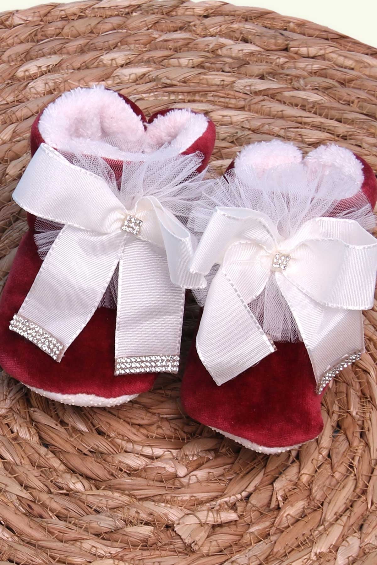 Breeze Kız Bebek Panduf Fiyonklu Taşlı Bordo