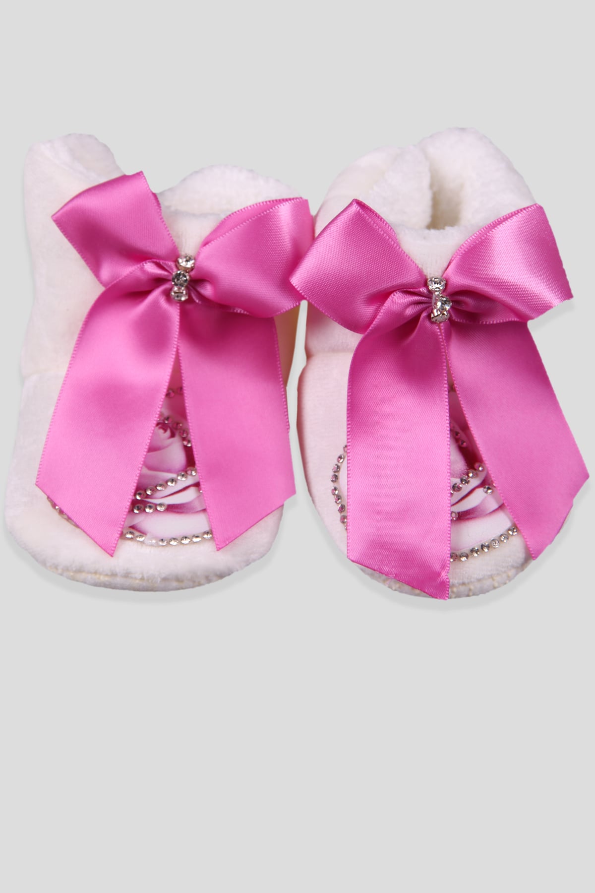 Breeze Kız Bebek Panduf Taşlı Gül Desenli Fiyonklu Fuşya (Standart)