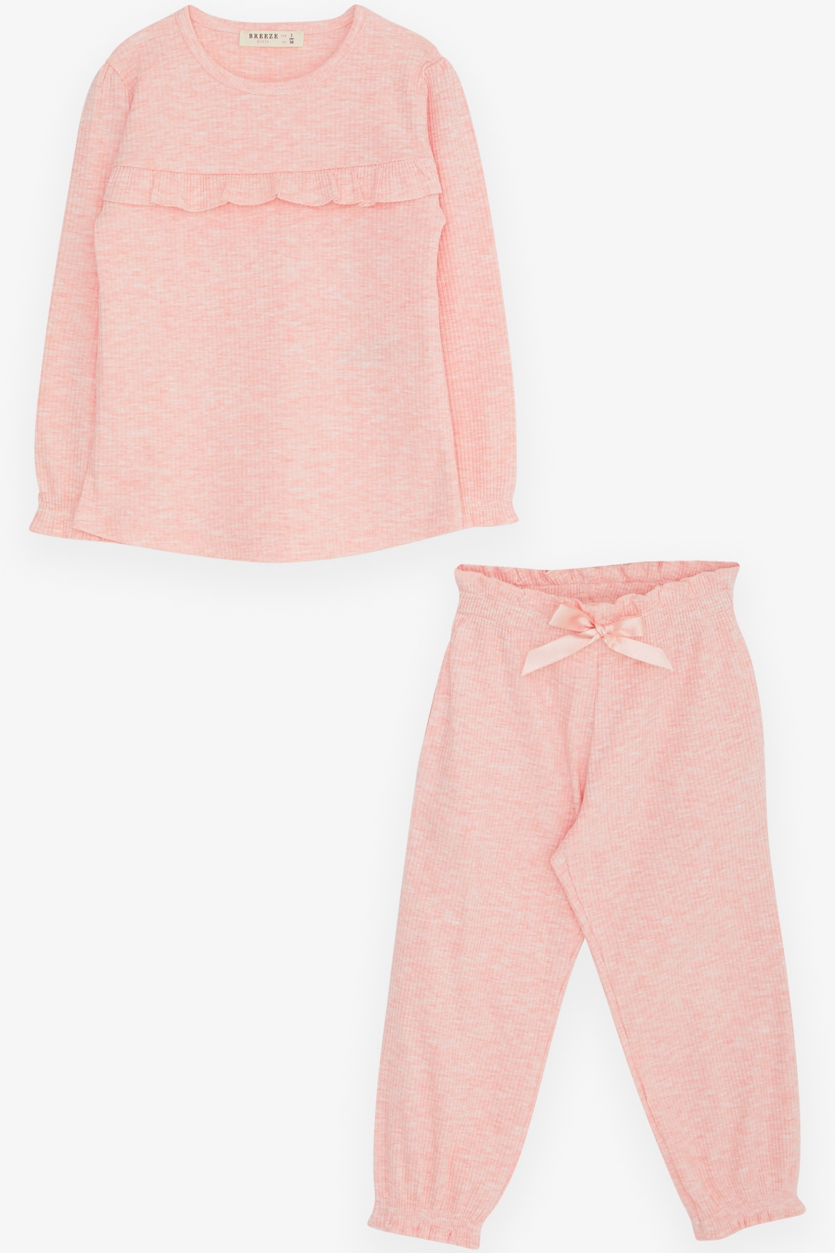 Breeze Kız Bebek Pantolonlu Takım Fırfırlı Fiyonklu Pembe Melanj (9 Ay-3 Yaş)