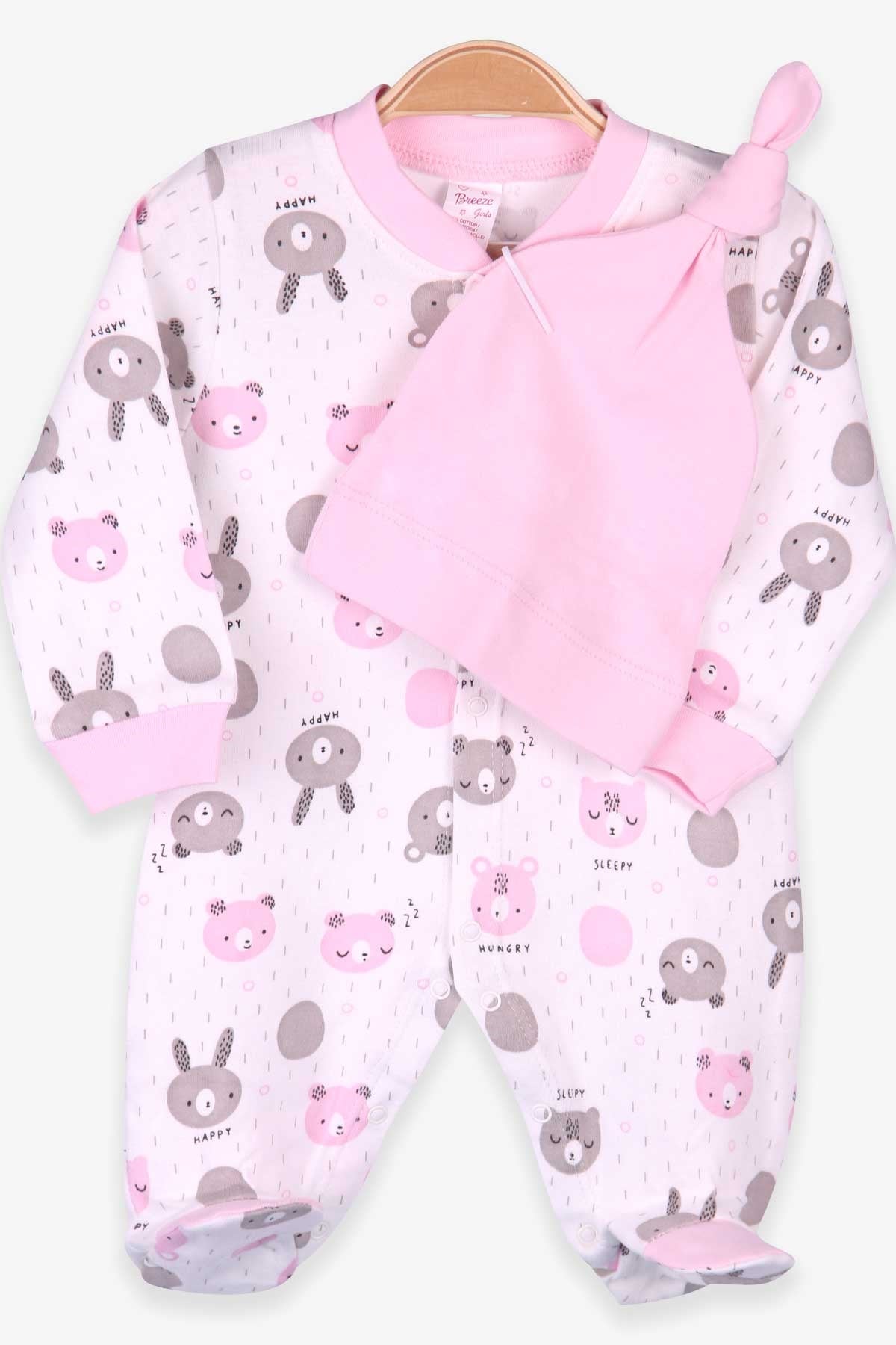 Breeze Kız Bebek Patikli Tulum Ayıcıklı Şapkalı Set Pudra (0-3 Ay-4 Ay)