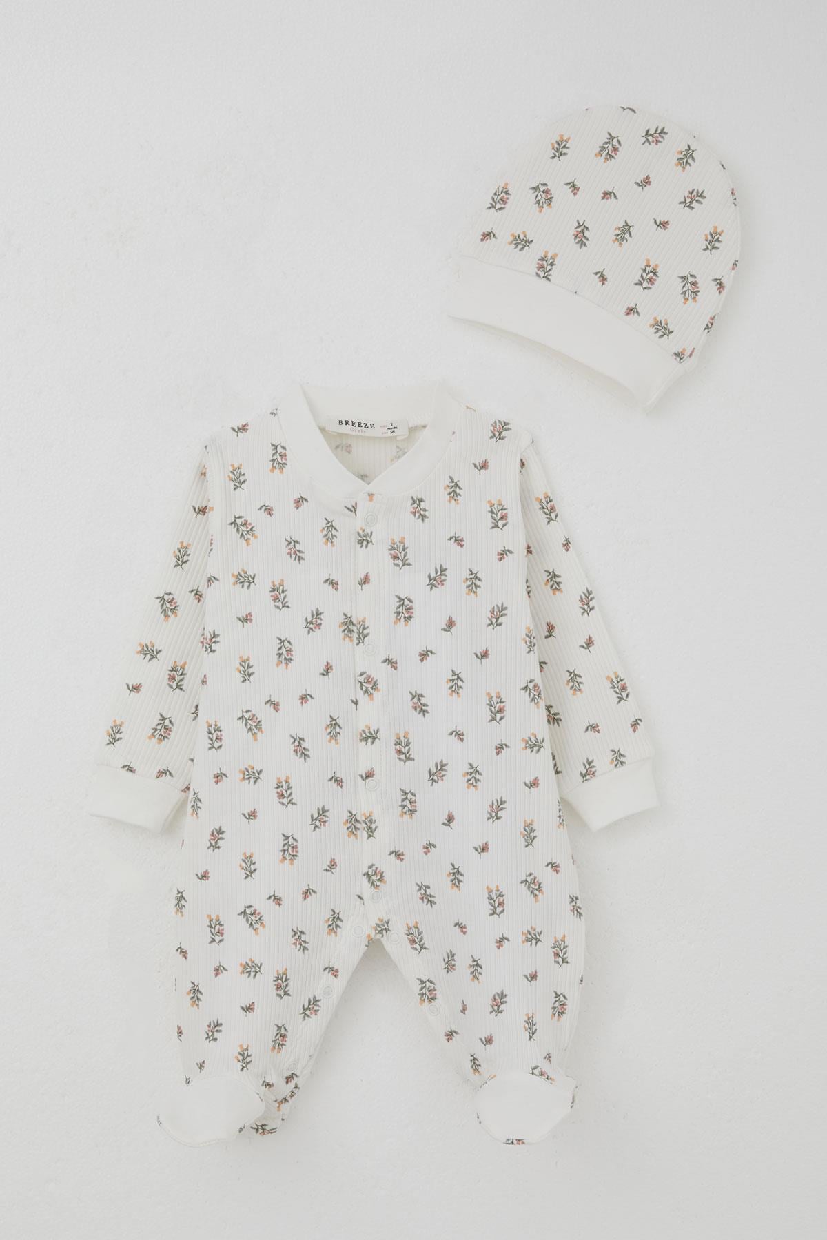 Breeze Kız Bebek Patikli Tulum Çiçek Desenli Ekru (0-6 Ay)