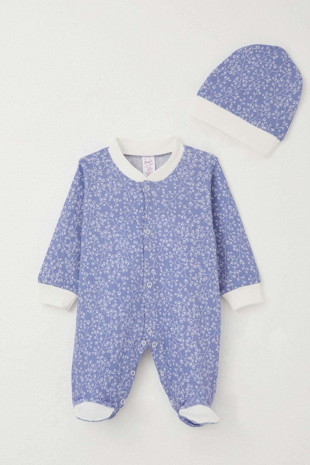 Breeze Kız Bebek Patikli Tulum Çiçek Desenli Mavi (0-6 Ay)