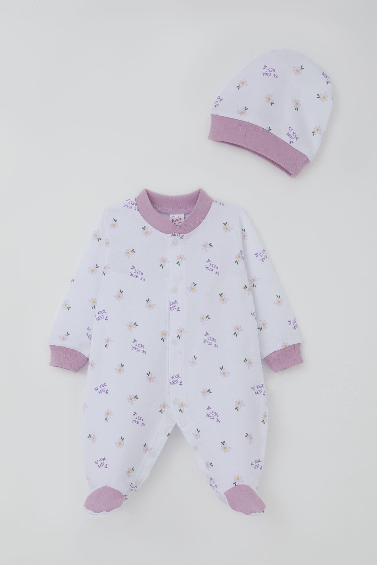 Breeze Kız Bebek Patikli Tulum Çiçek & Yazı Desenli Beyaz (0-6 Ay)