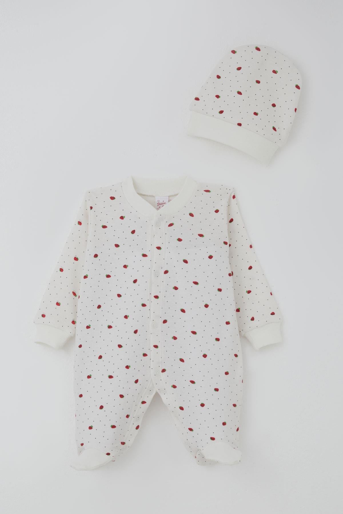 Breeze Kız Bebek Patikli Tulum Çilek Desenli Ekru (0-6 Ay)