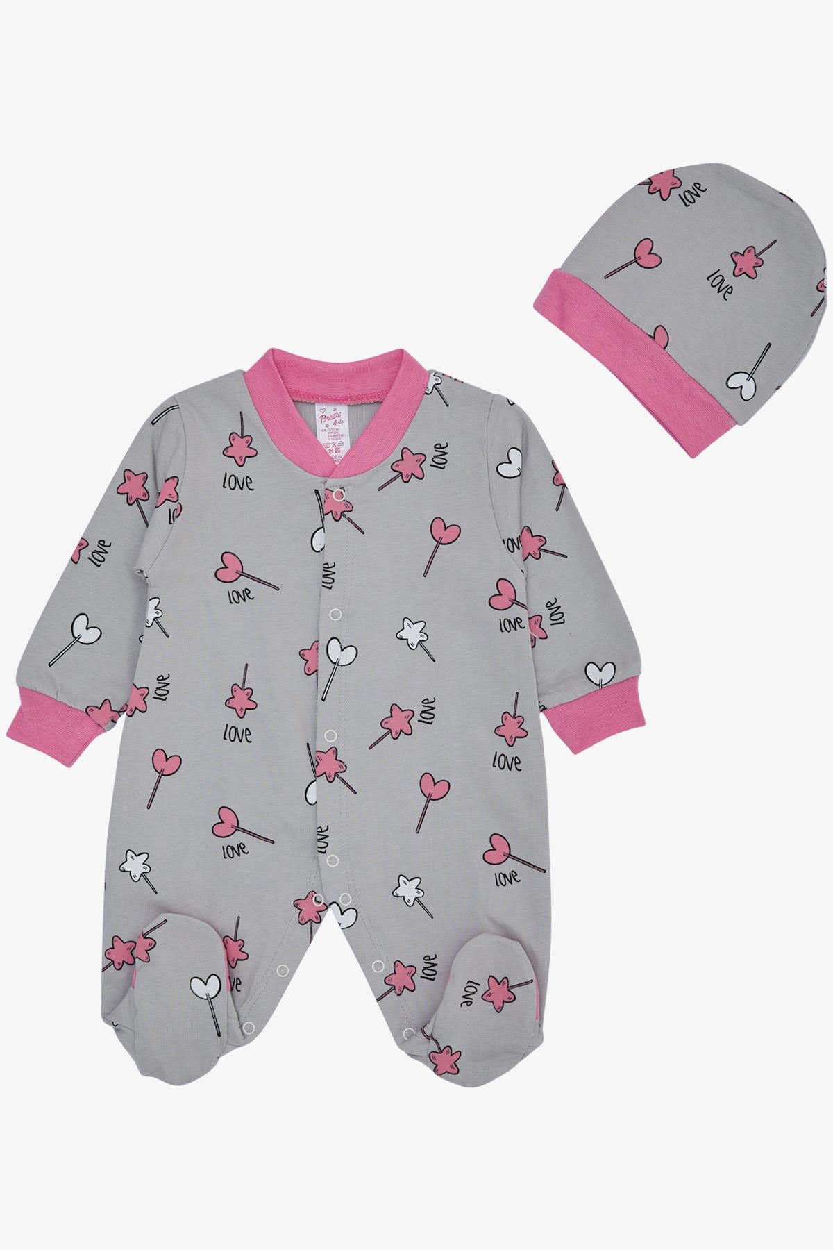 Breeze Kız Bebek Patikli Tulum Çubuklu Şeker Desenli Gri (0-6 Ay)