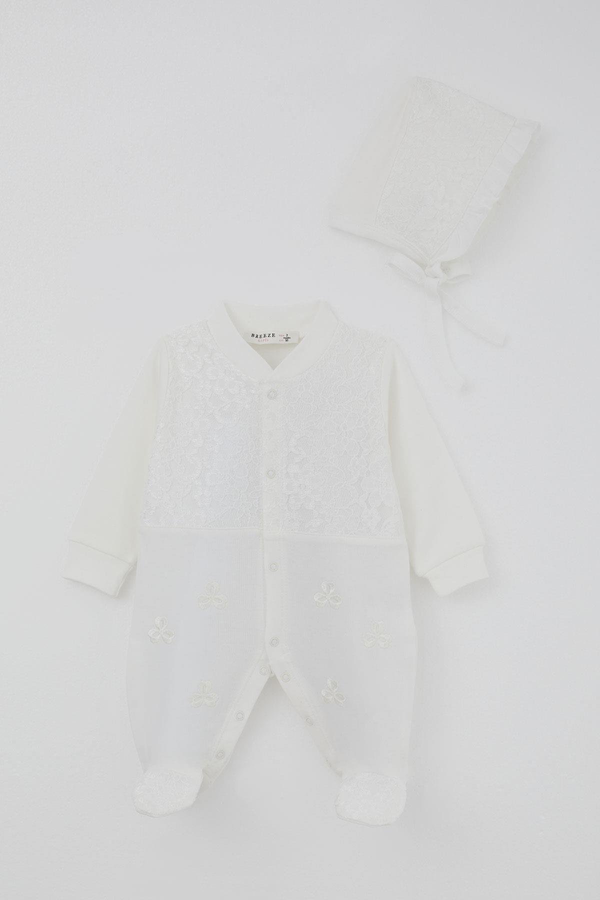 Breeze Kız Bebek Patikli Tulum Dantel Detaylı Çiçek Nakışlı Ekru (0-6 Ay)