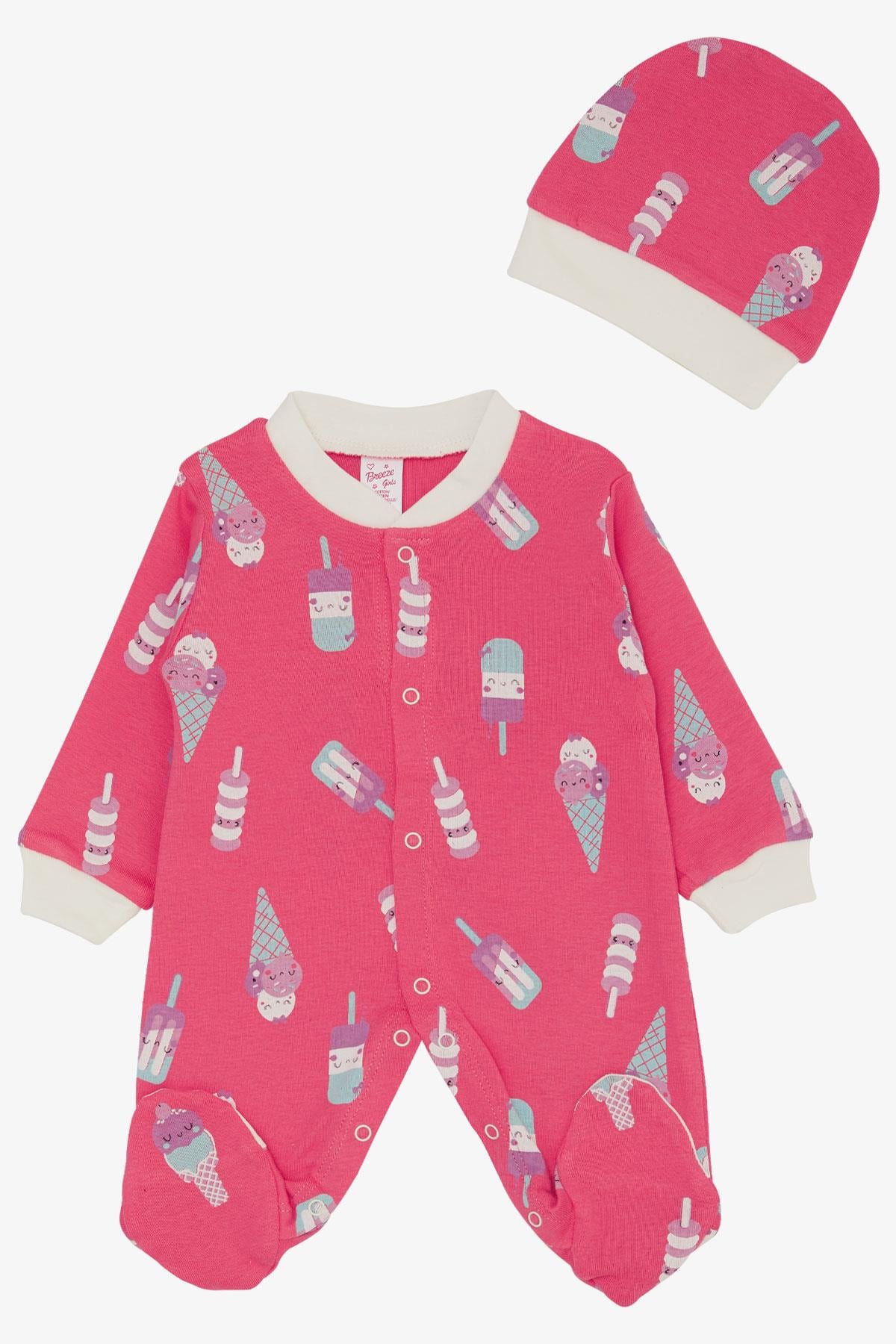 Breeze Kız Bebek Patikli Tulum Dondurma Desenli Fuşya (0-6 Ay)