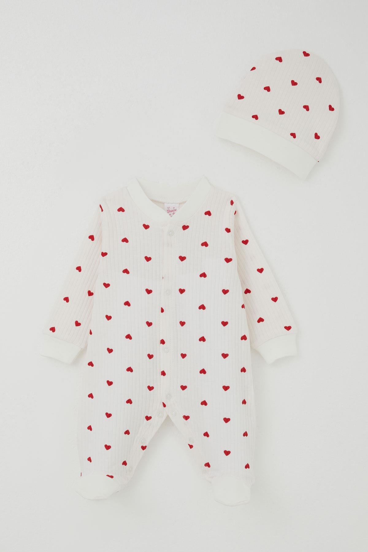 Breeze Kız Bebek Patikli Tulum Kalp Desenli Ekru (0-6 Ay)