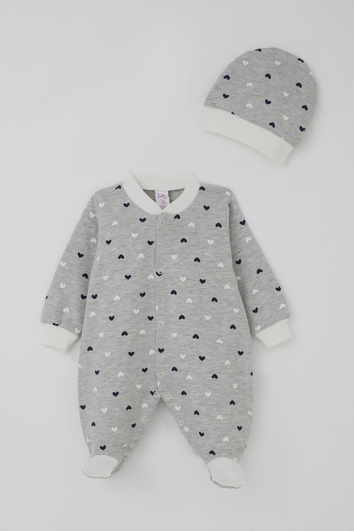 Breeze Kız Bebek Patikli Tulum Kalp Desenli Açık Gri Melanj (0-6 Ay)