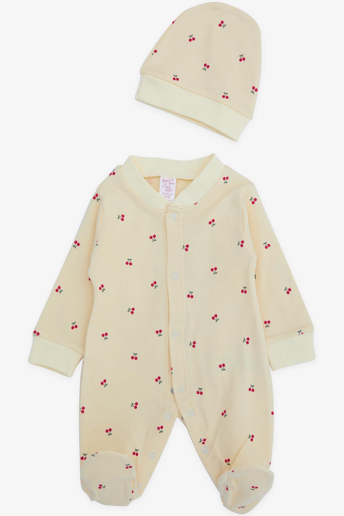 Breeze Kız Bebek Patikli Tulum Kİraz Desenli Krem (0-3 Ay-6 Ay)