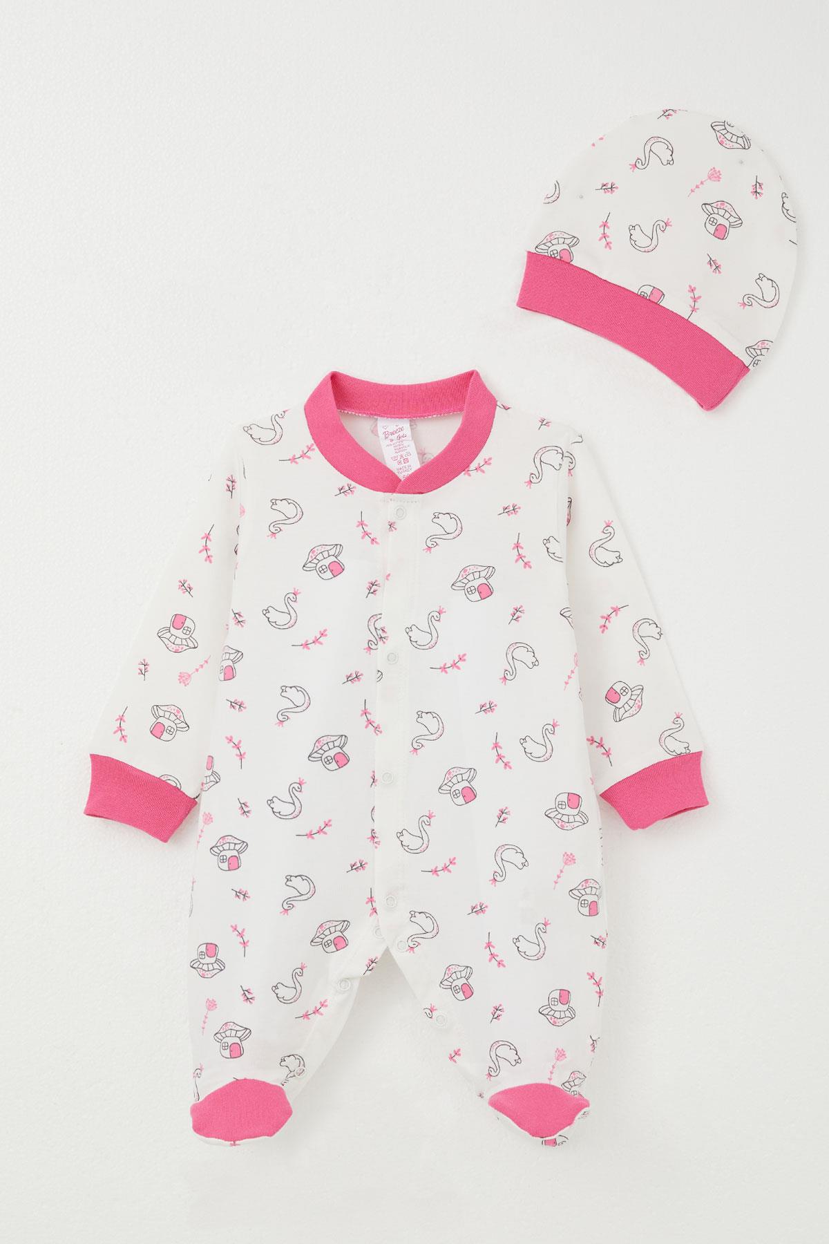 Breeze Kız Bebek Patikli Tulum Mantar Ev & Prenses Kuğu Desenli Beyaz (0-6 Ay)