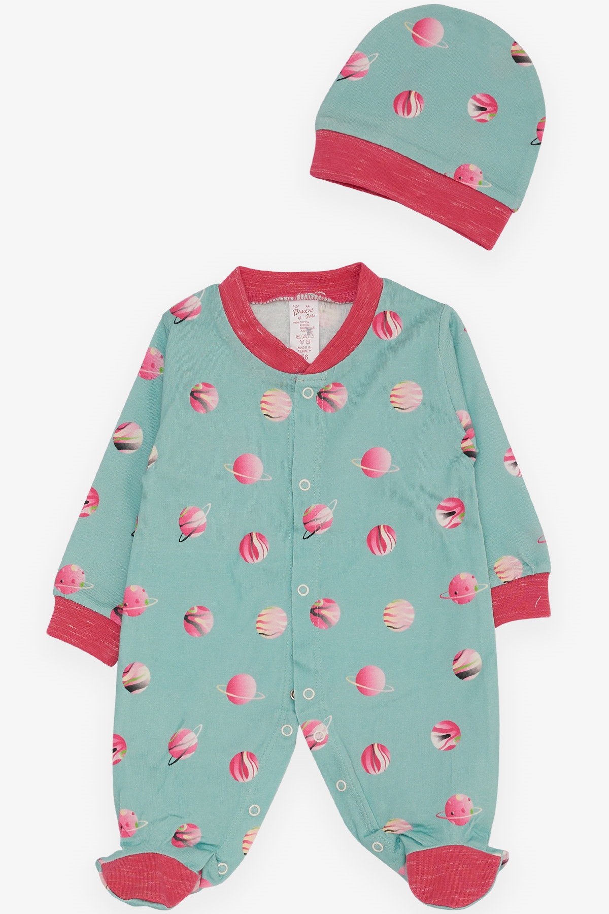 Breeze Kız Bebek Patikli Tulum Renkli Gezegen Desenli Mint Yeşili (0-3 Ay-6 Ay)