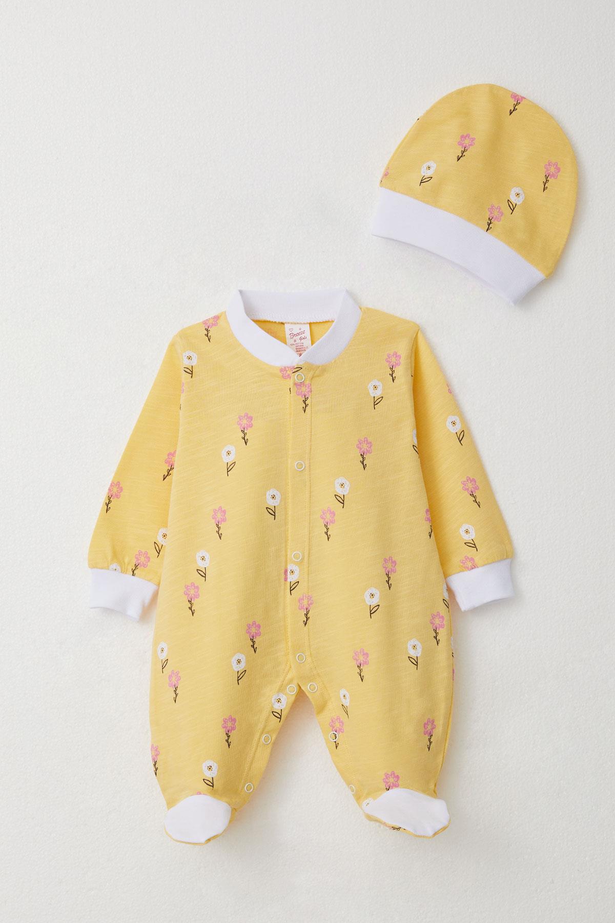 Breeze Kız Bebek Patikli Tulum Renkli Çiçek Desenli Sarı (0-6 Ay)