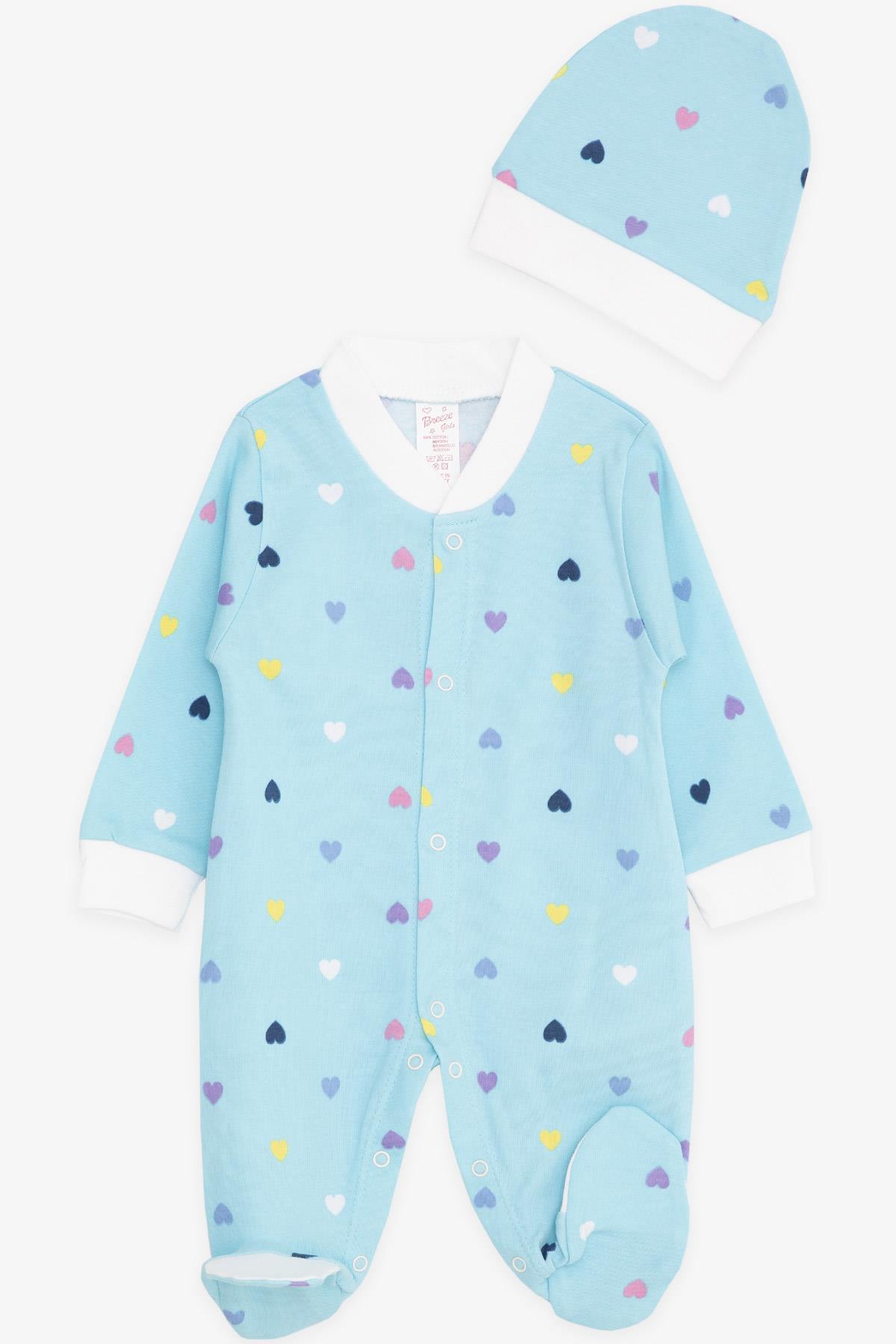 Breeze Kız Bebek Patikli Tulum Renkli Kalp Desenli Açık Mavi (0-3 Ay-6 Ay)