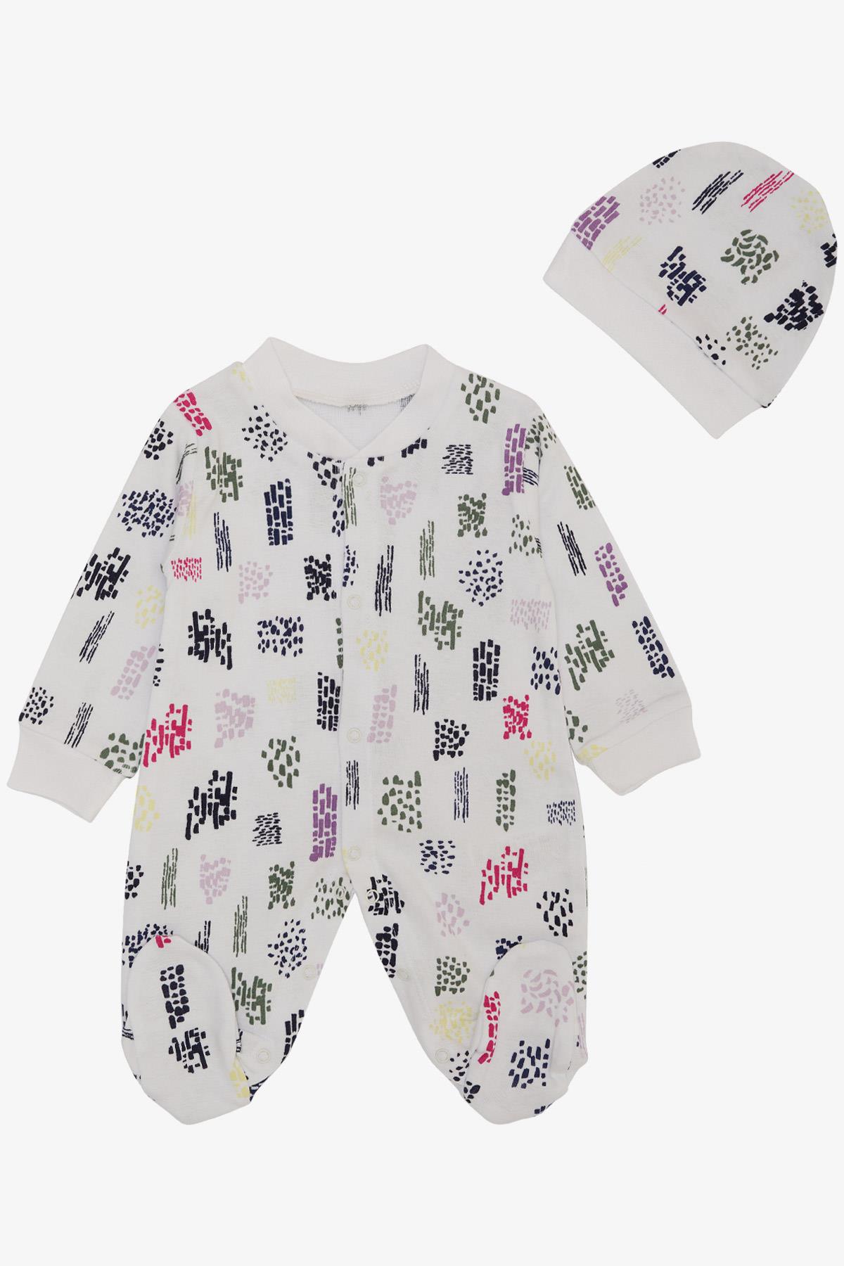 Breeze Kız Bebek Patikli Tulum Renkli Desenli Beyaz (0-6 Ay)