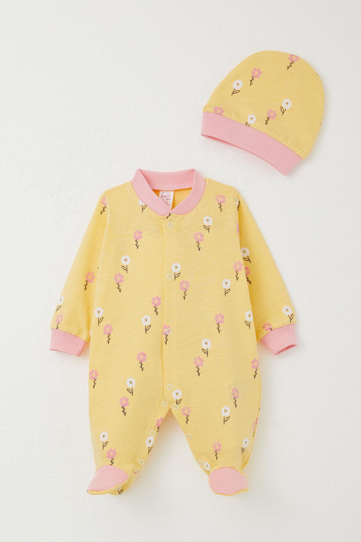Breeze Kız Bebek Patikli Tulum Renkli Çiçek Desenli Sarı (0-6 Ay)