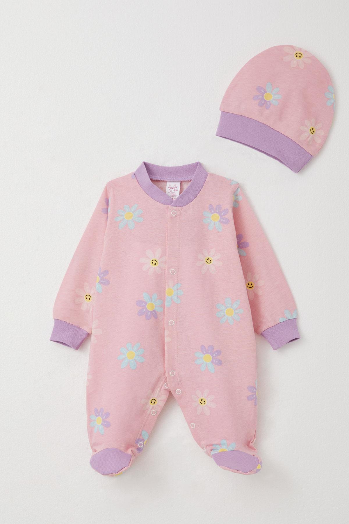 Breeze Kız Bebek Patikli Tulum Renkli Papatya Desenli Pembe (0-6 Ay)