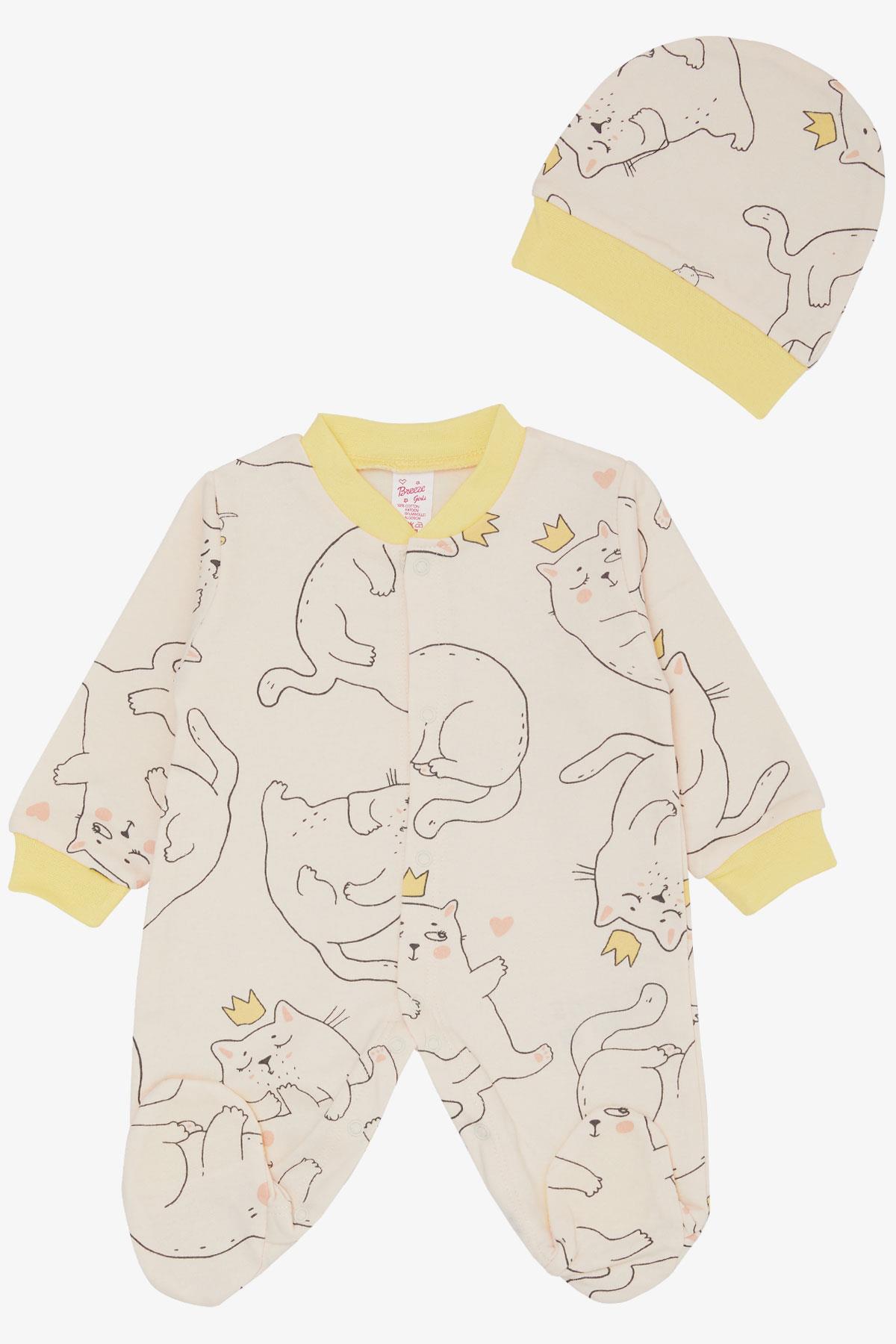 Breeze Kız Bebek Patikli Tulum Sevimli Kedicik Desenli Pudra (0-6 Ay)