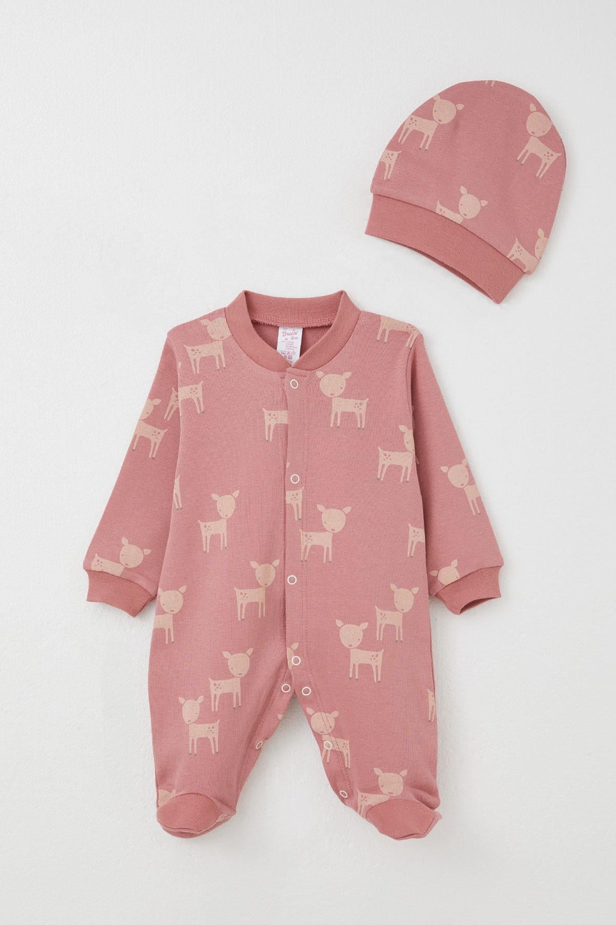Breeze Kız Bebek Patikli Tulum Sevimli Ceylancık Desenli Gülkurusu (0-6 Ay)
