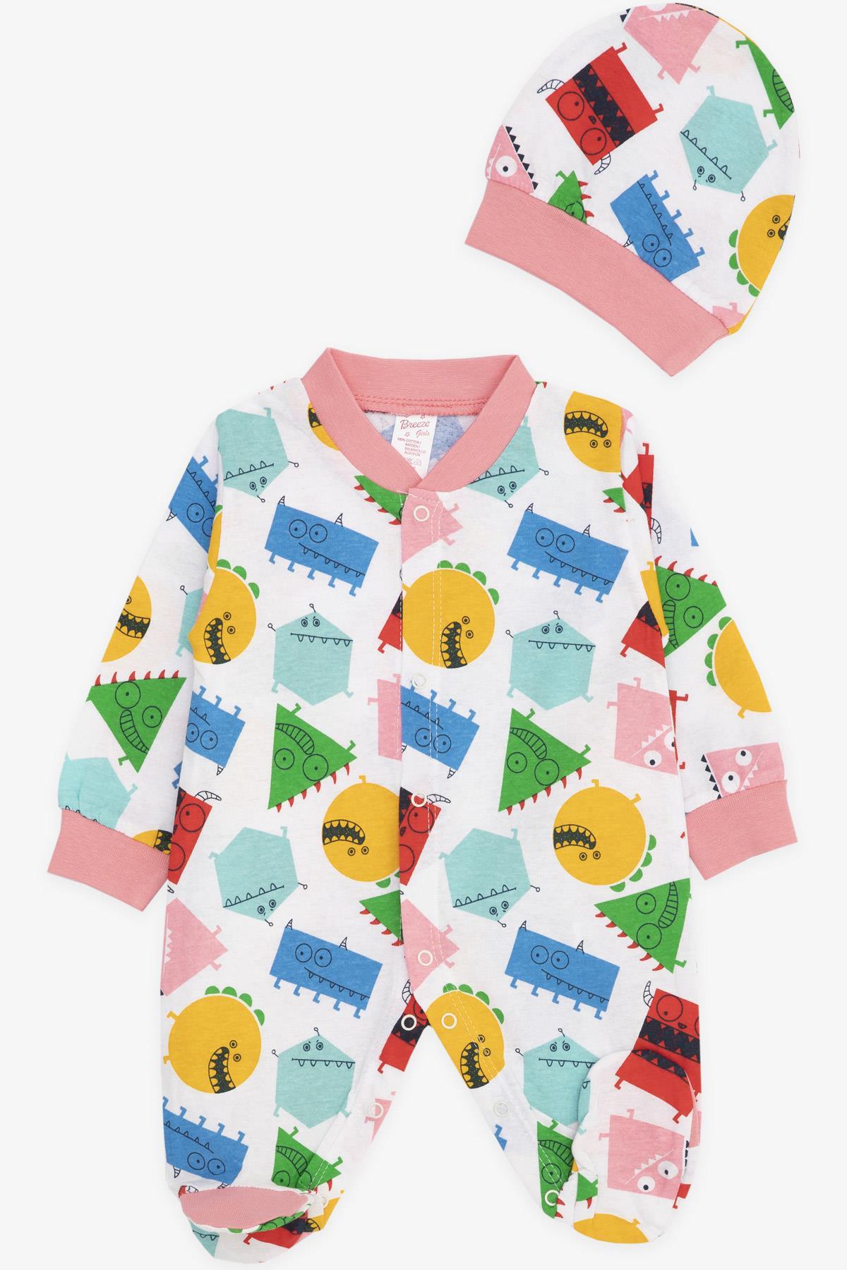 Breeze Kız Bebek Patikli Tulum Sevimli Geometrik Şekiller Desenli Beyaz (0-3 Ay-6 Ay)