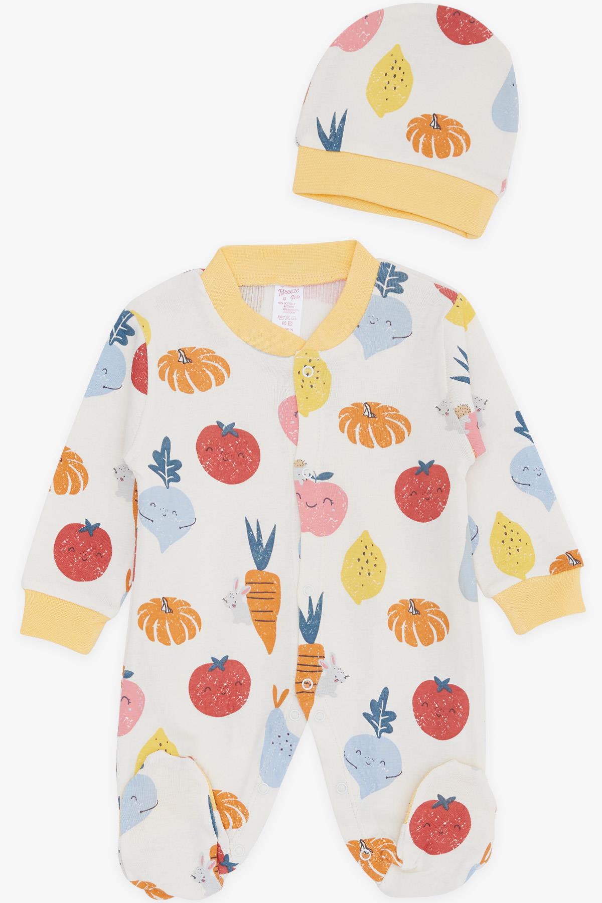 Breeze Kız Bebek Patikli Tulum Sevimli Sebzeler Desenli Krem (0-3 Ay-6 Ay)
