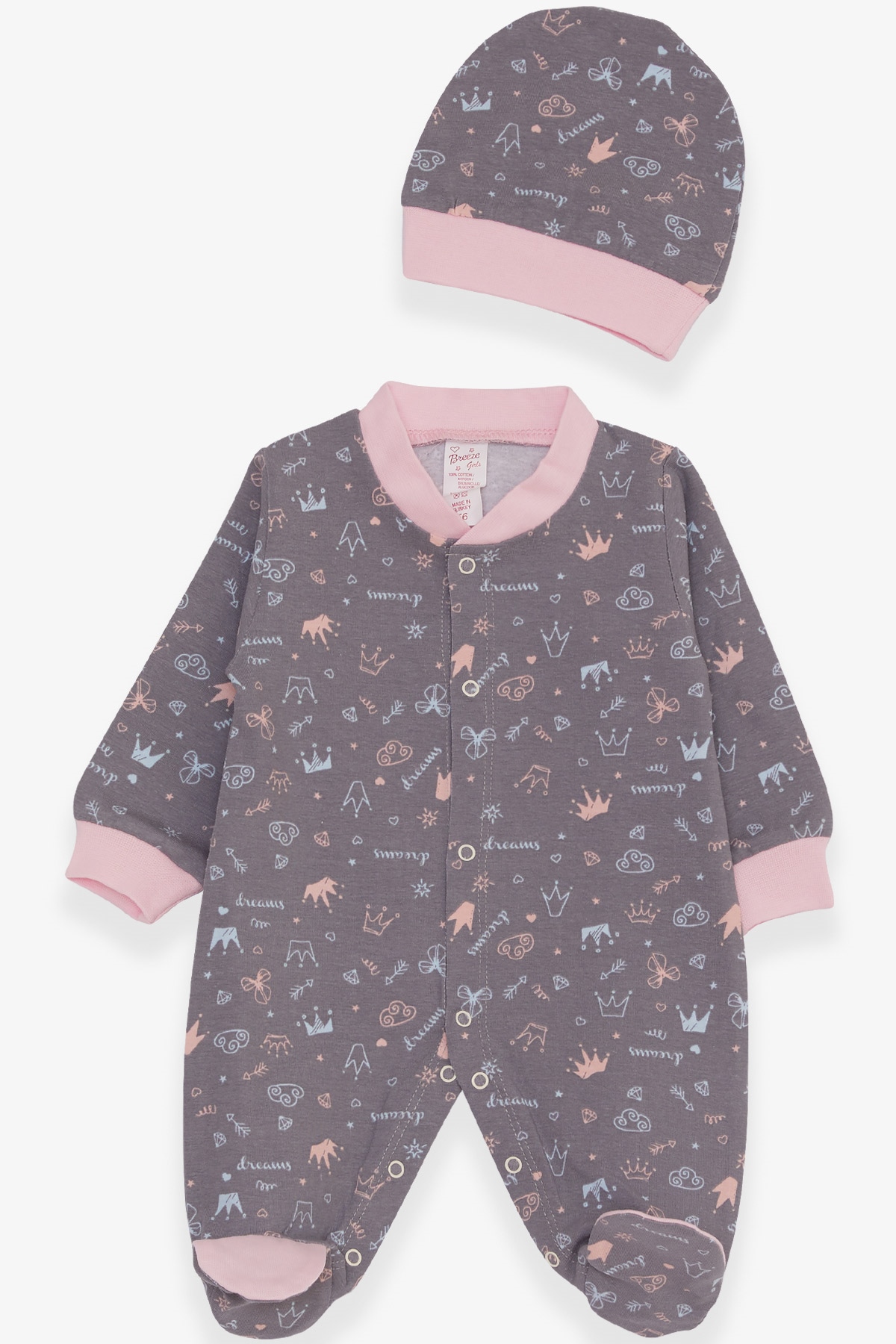 Breeze Kız Bebek Patikli Tulum Taç Desenli Füme (0-3 Ay-6 Ay)