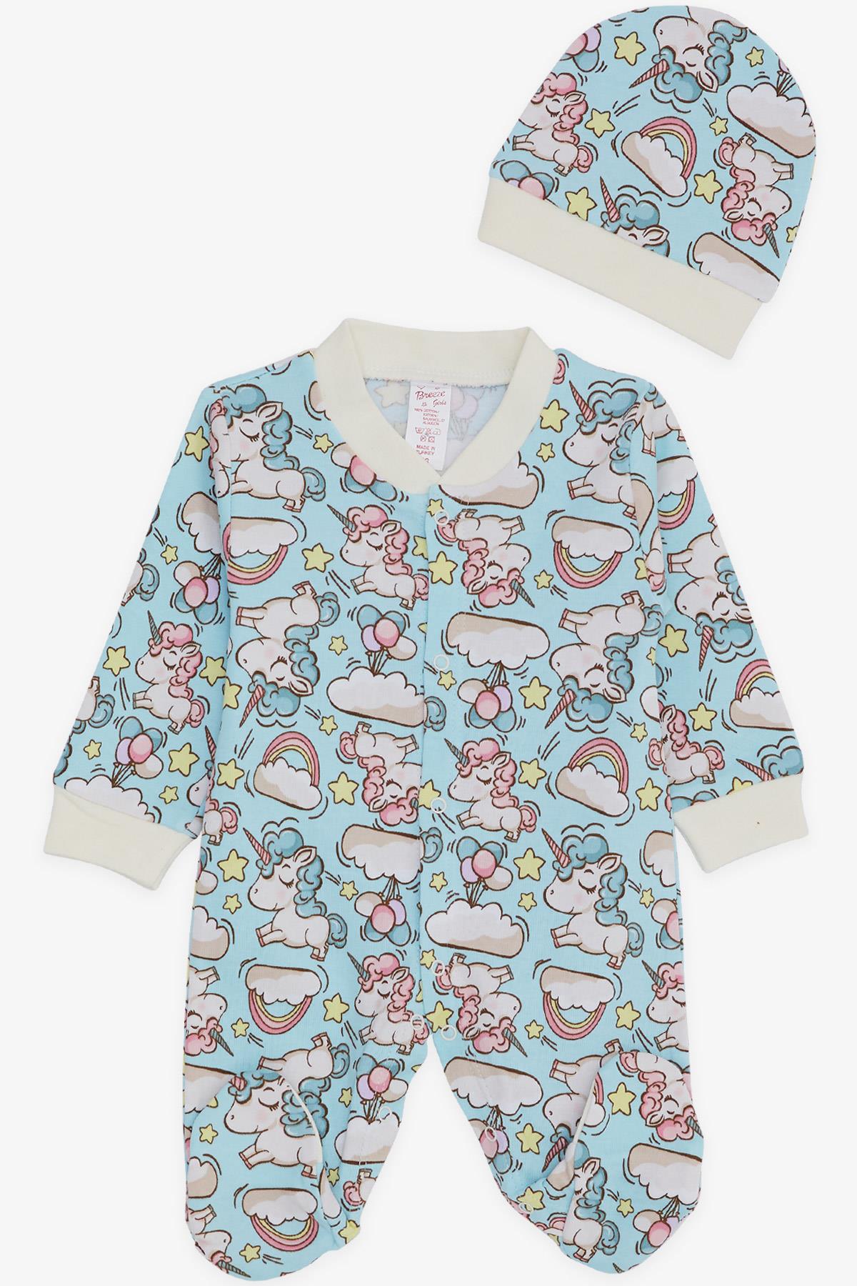 Breeze Kız Bebek Patikli Tulum Unicorn Desenli Gökyüzü Temalı Açık Mavi (0-3 Ay-6 Ay)