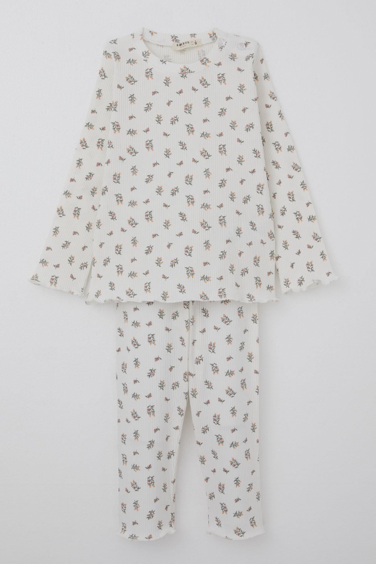 Breeze Kız Bebek Pijama Takımı Çiçek Desenli Omuzu Düğmeli Ekru (9 Ay-3 Yaş)