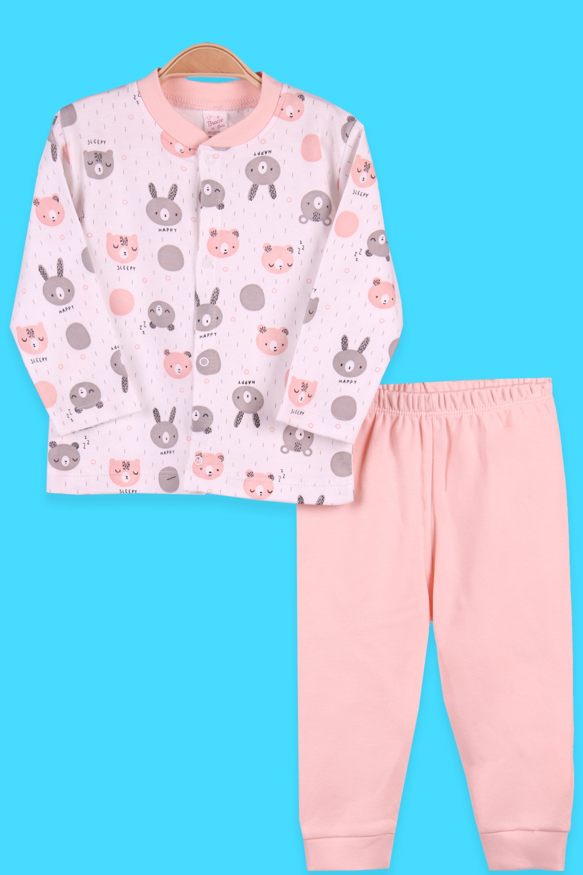 Breeze Kız Bebek Pijama Takımı Çıtçıtlı Ayıcıklı Tavşanlı Somon (0-3 Ay-9 Ay)