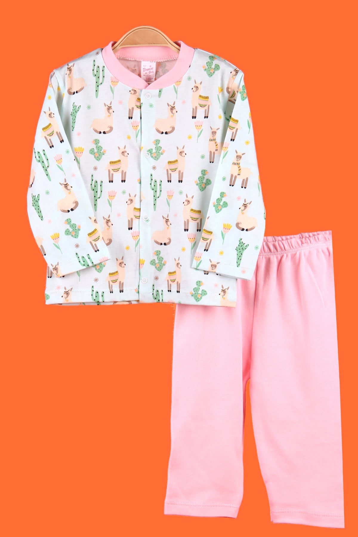 Breeze Kız Bebek Pijama Takımı Çıtçıtlı Lama Desenli Yeşil (0-3 Ay-9 Ay)