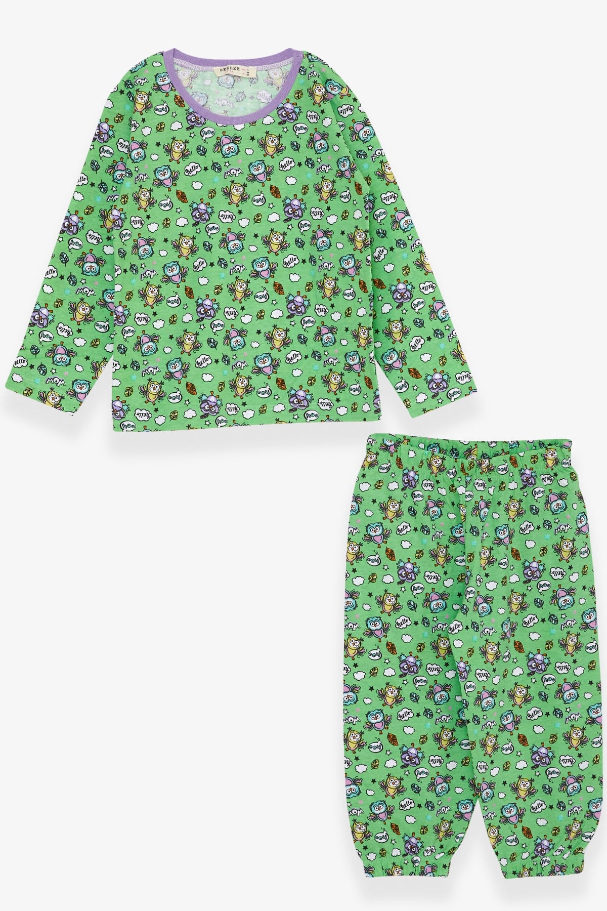 Breeze Kız Bebek Pijama Takımı Eğlenceli Kuş Desenli Su Yeşili (9 Ay-3 Yaş)