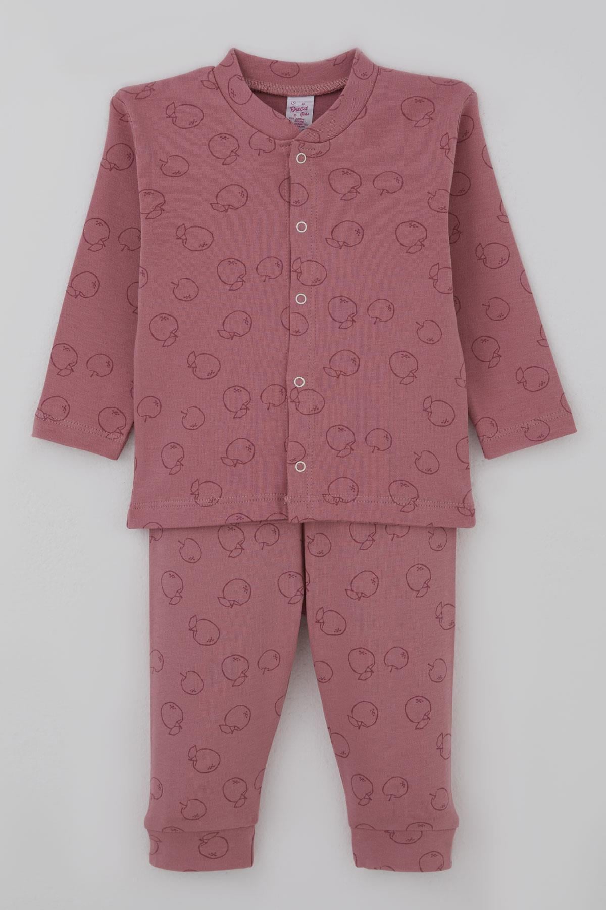 Breeze Kız Bebek Pijama Takımı Elma Bahçesi Önden Çıtçıtlı Gülkurusu (4 Ay-1 Yaş)