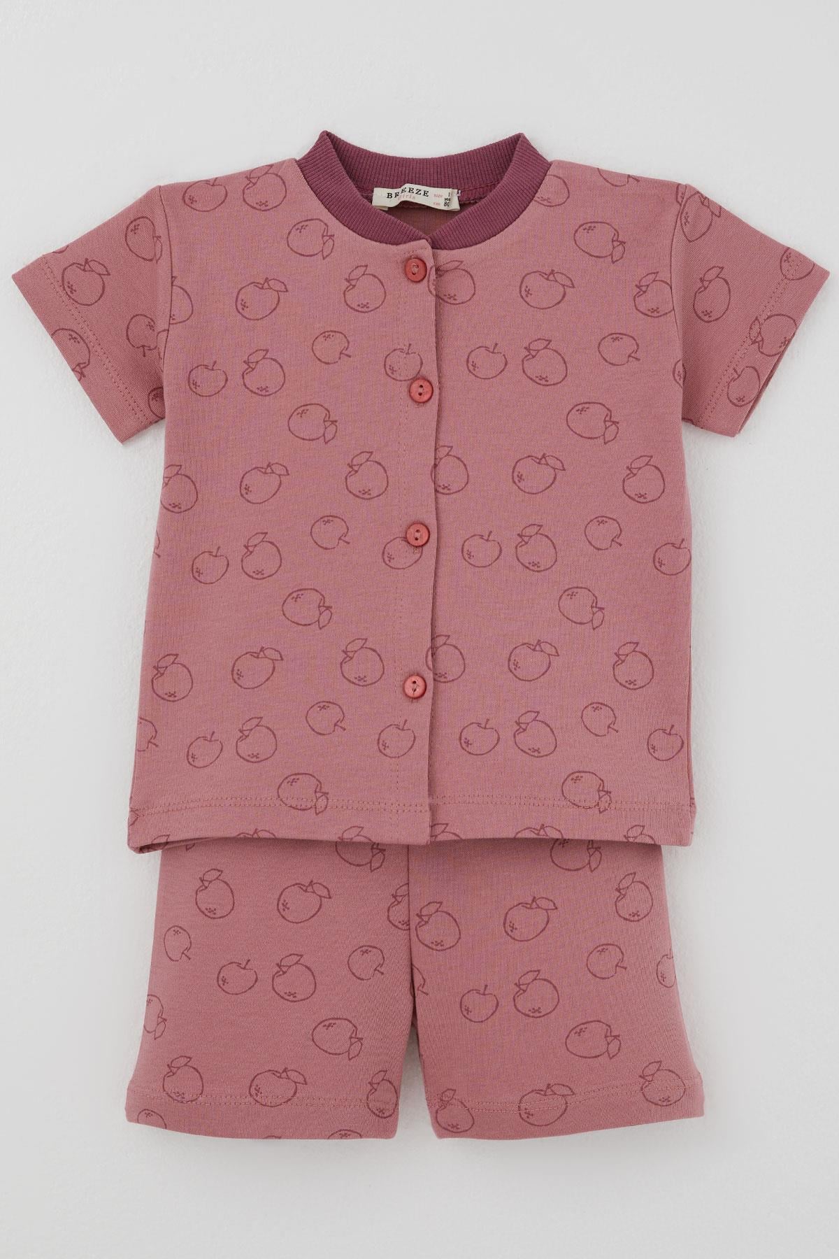 Breeze Kız Bebek Pijama Takımı Elma Desenli Önden Düğmeli Gülkurusu (4 Ay - 1 Yaş)