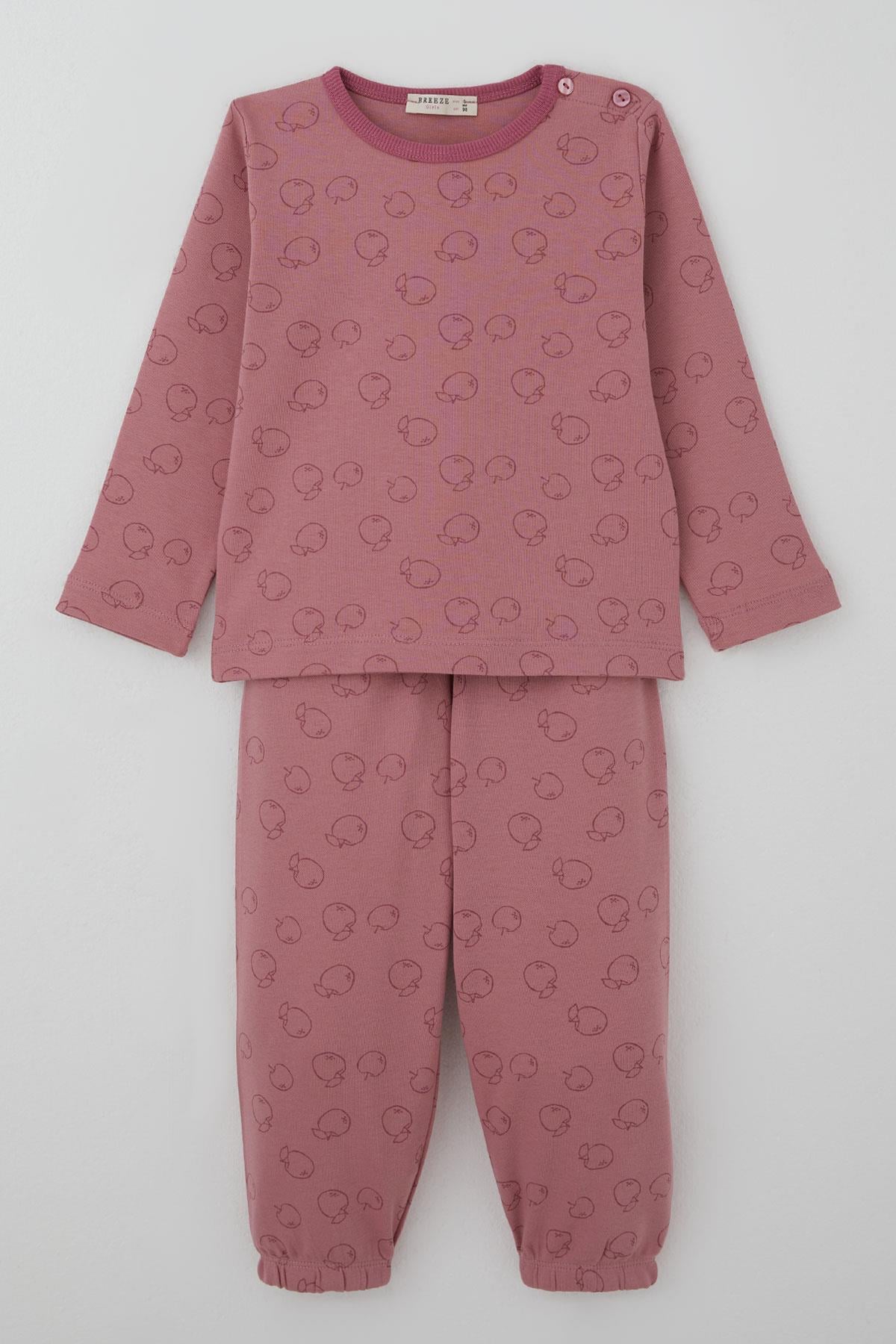 Breeze Kız Bebek Pijama Takımı Elma Desenli Gülkurusu (9 Ay-3 Yaş)