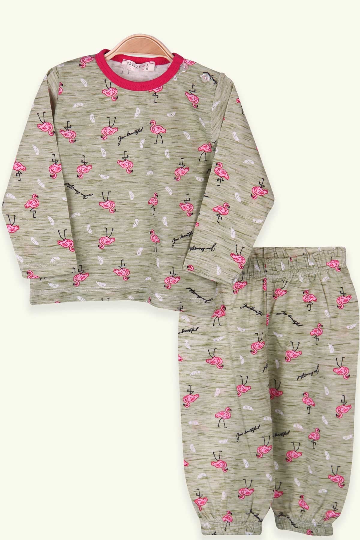 Breeze Kız Bebek Pijama Takımı Flamingo Desenli Yeşil (9 Ay-3 Yaş)